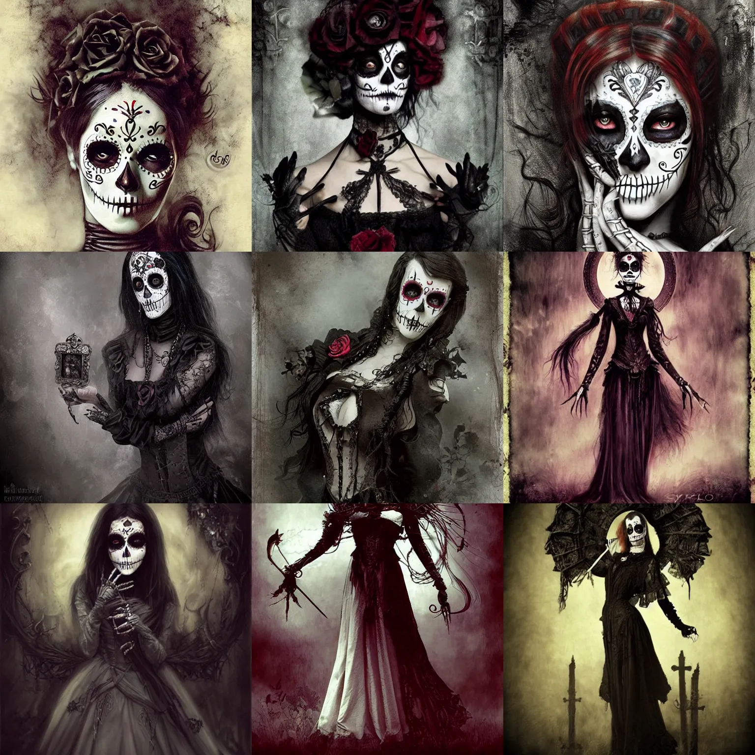 Prompt: Victorian day of the dead, grimdark horror style, gothic horror vibes, style of Lori Earley, style of Aleksi Briclot