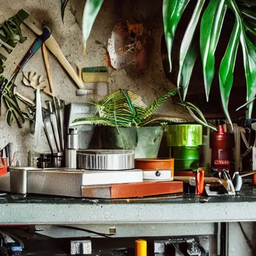 Image similar to A close-up shot of a metal table with laboratory tools and materials in an abandoned biopunk laboratory, plants everywhere, jungle themed, monstera, life,