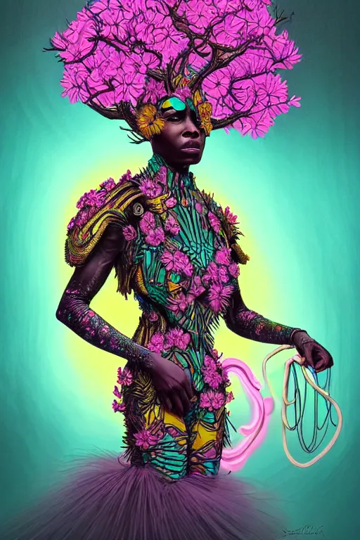 Image similar to illustration neo - victorian cinematic super expressive! yoruba goddess with exoskeleton armor, merging with tree in a forest, pink yellow flowers, highly detailed digital art masterpiece, smooth etienne sandorfi eric zener dramatic pearlescent soft teal light, ground angle hd 8 k, sharp focus