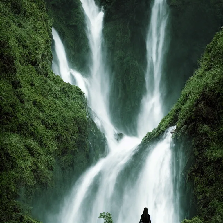 Image similar to dark and moody 1 9 8 0's artistic color spaghetti western film, a woman in a giant billowing wide long flowing waving shining bright white dress, standing inside a green mossy irish rocky scenic landscape, huge waterfall, volumetric lighting, backlit, atmospheric, fog, extremely windy, soft focus