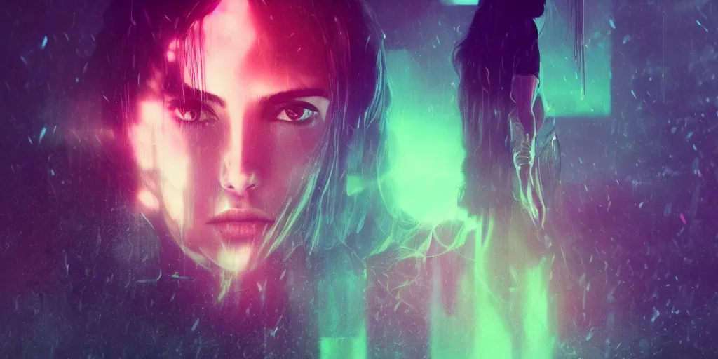 Image similar to beautiful Ana de Armas, blade runner 2049, long flowing hair, trending on artstation, unreal engine, purple neon, green rain, matte painting