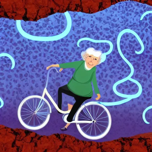 Prompt: a cute gentle elderly woman riding a bike through a field of lava and tentacles, realistic photo