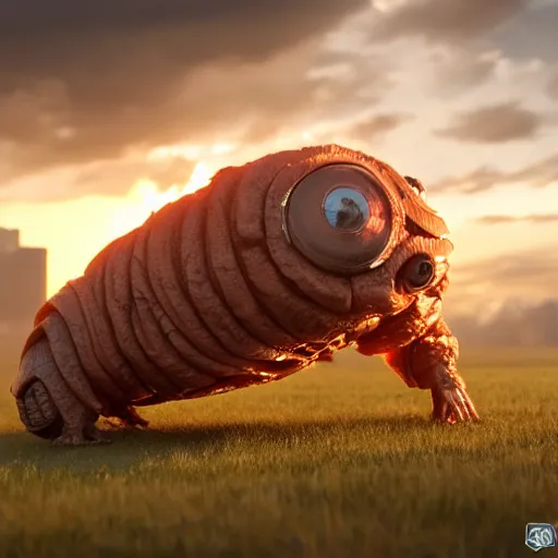 Image similar to colossal tardigrade, new york attack, golden hour, cinematic, action shot