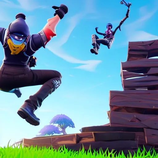 Image similar to Epic photo of fortnite ninja epic Duo Stunt trick with Johnny Blazed jumping 10 fortnite battle buses