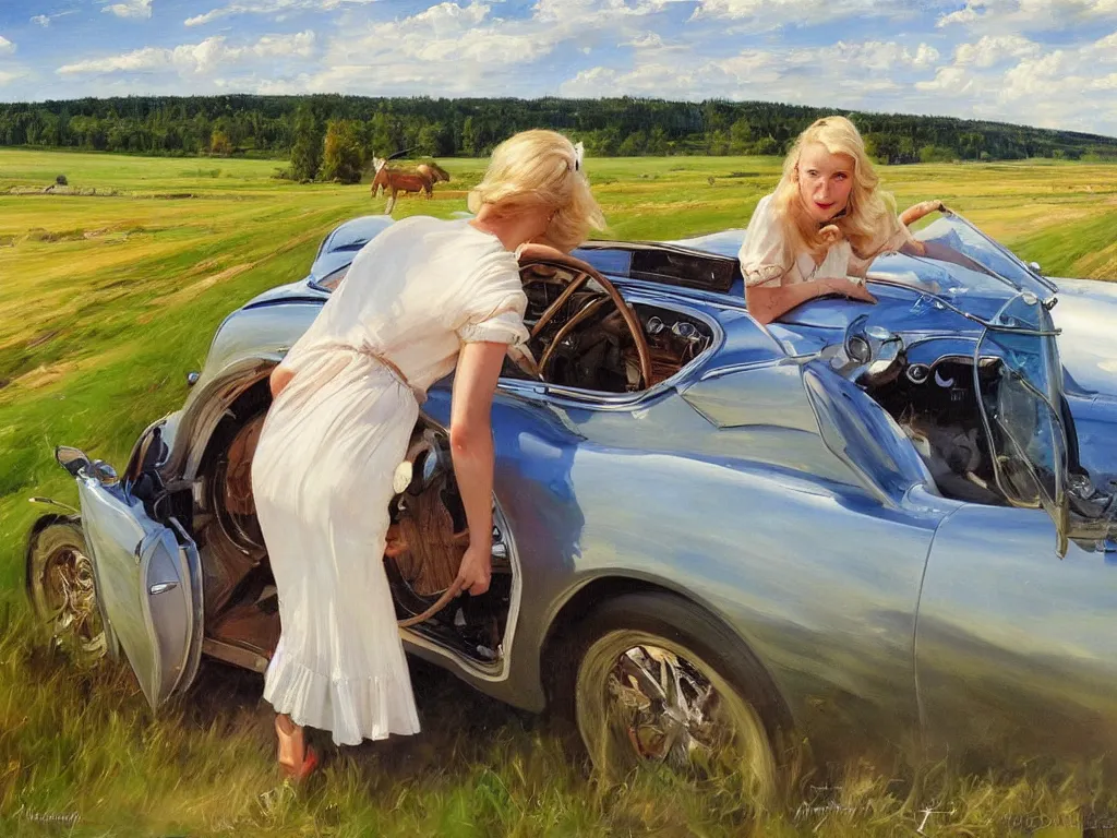 Image similar to 1950 blonde driving à mustang on a country road, Swedish countryside, painting by Vladimir Volegov, masterpiece