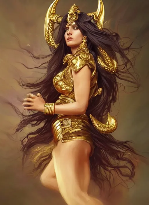 Image similar to fullbody!! dynamic movement pose, beautiful ethnic woman with flowing hair, big natural horns on her head, gold jewellery, dnd, face, fantasy, intricate, elegant, highly detailed, digital painting, artstation, concept art, smooth, sharp focus, illustration, art by artgerm and greg rutkowski and alphonse mucha