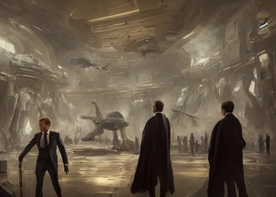 Image similar to painting of Emmanuel Macron dressed as a senator in Star Wars, inside the galactic senate, sharp focus, trending on ArtStation, masterpiece, by Greg Rutkowski, by Ross Tran, by Fenghua Zhong, octane, clear eyes, soft render, oil on canvas, moody lighting, cinematic, professional environment concept art