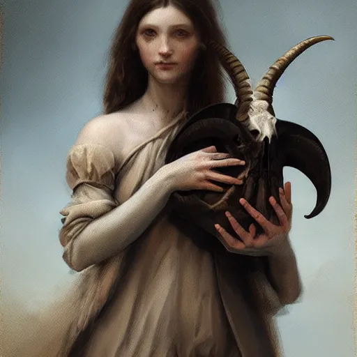 Prompt: woman with goat horns holding an animal skull, style of da vinci, fantasy illustration, by greg rutkowski