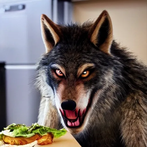 Image similar to A werewolf looking in disgust at his lunch