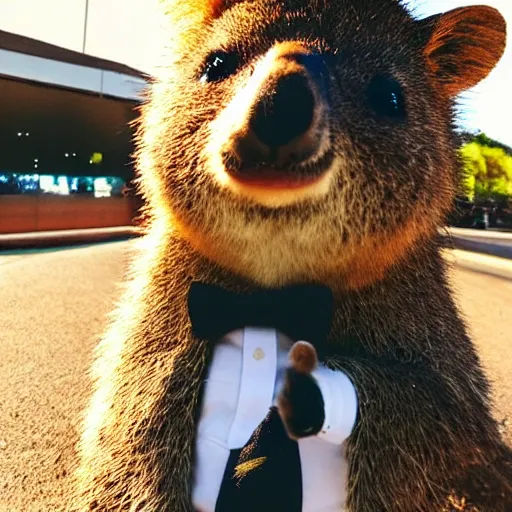 Prompt: happy quokka wearing a suit and a hat, taking a selfie, golden hour, realistic