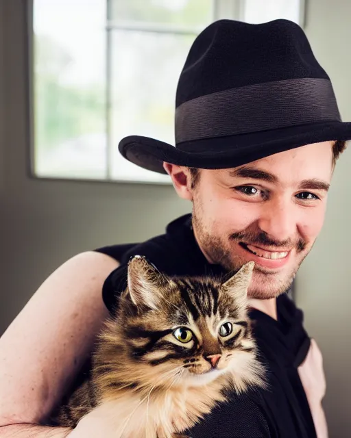 Image similar to gentlemen wearing a hat and wearing a baby sling on the back with a kitten in the sling, studio portrait, golden ratio, backlit, happy, detailed eyes