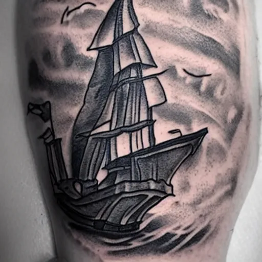 Image similar to A pirate ship tattoo design in the style of Dmitriy Samohin