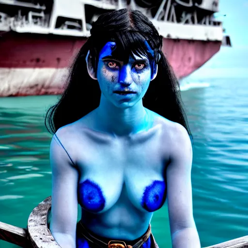Image similar to a dnd Triton girl with blue skin and messy black hair sitting on the deck of a ship, a little blue-skinned girl with messy black hair sharp pointed ears freckles along the ridges of her cheeks, dnd triton, high resolution film still, 4k, HDR colors