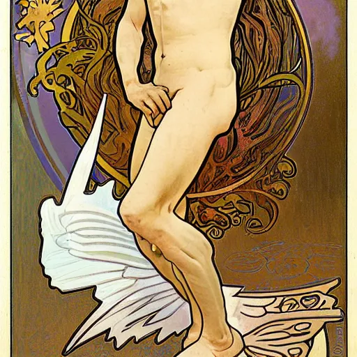 Prompt: ultra realistic illustration of thirteen year old winged boy angel, full body, male body, elegant study, art nouveau poster by alphonse mucha