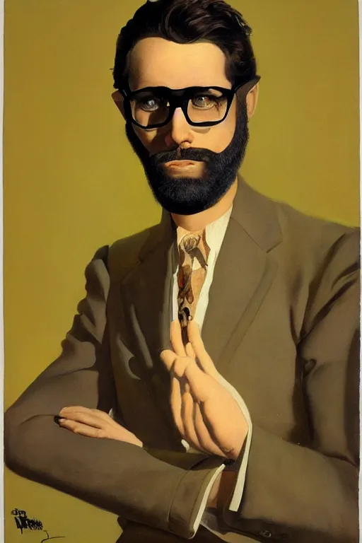 Prompt: portrait of handsome brown-haired bearded man with glasses, by Dan McPharlin, Rolf Armstrong, oil-painted