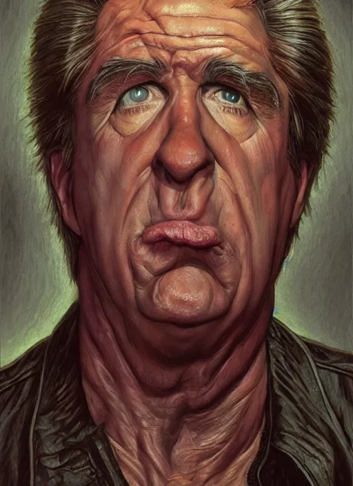 Prompt: portrait Clu Gulager as Burt from Return of the Living Dead (1985), highly detailed, centered, solid color background, digital painting, artstation, concept art, smooth, sharp focus, illustration, artgerm, donato giancola, Joseph Christian Leyendecker, Les Edwards, Ed Repka, WLOP