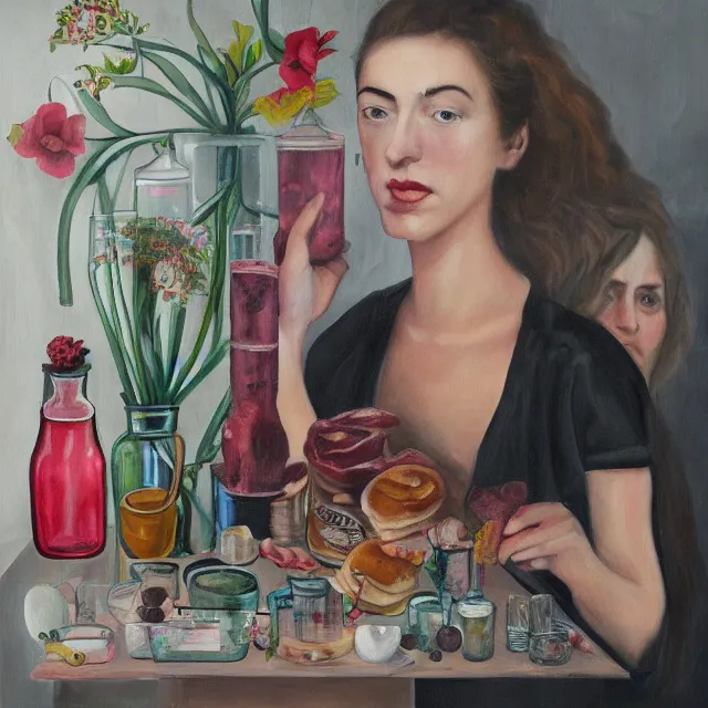 Prompt: sensual, a portrait in a female art student's apartment, cephalopods, berry juice drips, pancakes, milk, maple syrup, woman holding porkmeat from inside a painting, berries, houseplants in scientific glassware, art supplies, white candles, neo - expressionism, surrealism, acrylic and spray paint and oilstick on canvas