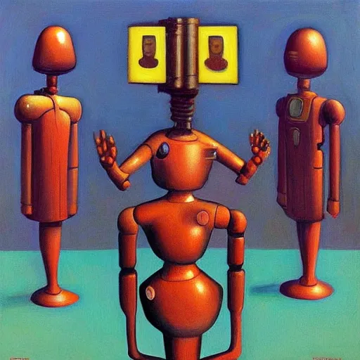 Prompt: robots surrounding a priestess, ( ( ( grant wood ) ) ), pj crook, ( ( ( edward hopper ) ) ), oil on canvas