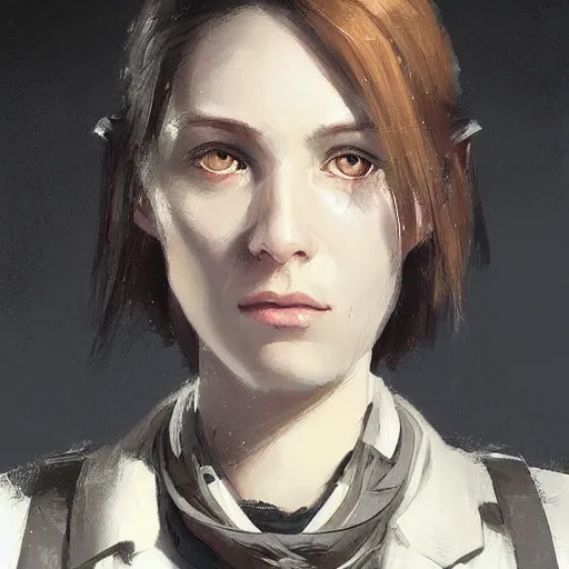 Image similar to Portrait of a woman by Greg Rutkowski, she is about 20 years old, round face, mixture between german and russian, black bob hair, attractive, determined but resentful look, she is wearing futuristic military fatigues with a black scarf, highly detailed portrait, scifi, digital painting, artstation, concept art, smooth, sharp foccus ilustration, Artstation HQ.