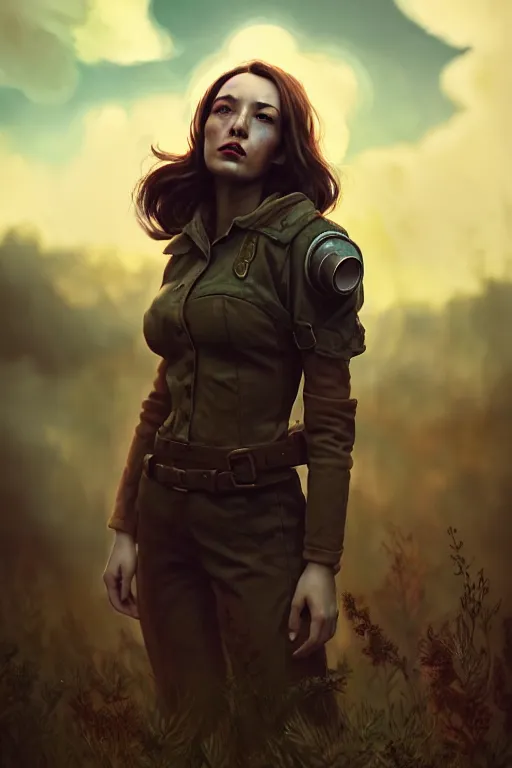 Prompt: fallout 5, charismatic beautiful sweet brunette, main character, portrait, outdoors, in the countryside, atmospheric lighting, painted, complex, volumetric lighting, beautiful, daytime, sunny weather, light clouds, clear focus, deep colors, over - detailed, leesha hannigan, ross tran, thierry doison, kai carpenter, ignacio fernandez rios