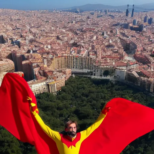 Image similar to santigo abascal flying over barcelona wearing a red and yellow cape