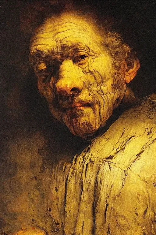 Prompt: the face of insanity lies in the ether, dramatic painting by rembrandt