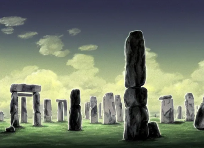 Prompt: a realistic cell - shaded studio ghibli concept art from paprika ( 2 0 0 6 ) of a magic ritual from close encounters of the third kind ( 1 9 7 7 ) and a grey creature meditating on top of a pillar in a flooded stonehenge on a misty starry night. very dull colors, hd, 4 k, hq