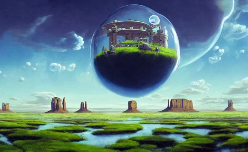 Prompt: a scary hyperrealist painting of a starship in a giant transparent bubble from howl's moving castle ( 2 0 0 4 ) in a flooded monument valley stonehenge jungle. depth perception, 4 k, artstation, in the style of studio ghibli