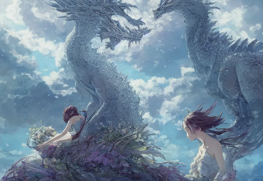 Image similar to the beautiful hyper detailed scene render that a lonely single beautiful girl lies in the arms of a huge silver dragon alone in the fairyland surrounded by white clouds, in the style of makoto shinkai victo ngai and peter mohrbacher studio ghibli artgerm karol bak beeple, cinematic, absolutely beautiful, ultra wide angle, animation style, 8 k hd