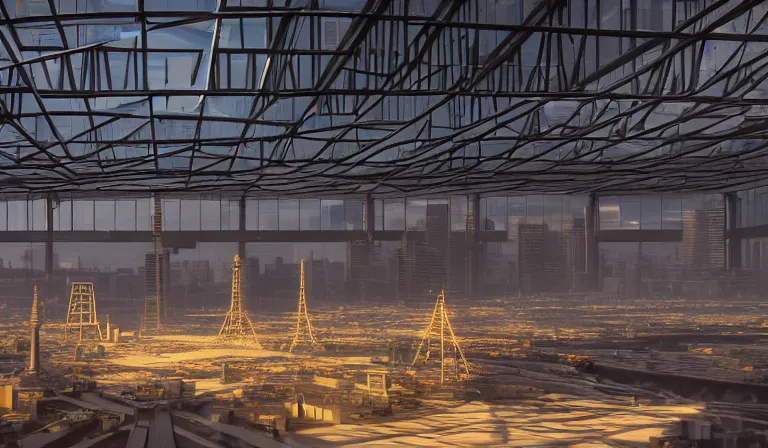 Prompt: sparse group people in simple warehouse, looking at hologram of futuristic city on a table, cinematic concept art, godrays, golden hour, natural sunlight, 4 k, clear details, tabletop model buildings, center model buildings, hologram center, crane shot, crane shot, crane shot