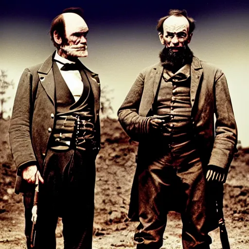 Prompt: William Tecumseh Sherman and Abraham Lincoln in the movie Mad Max Road Warrior, promotional portrait, movie still, cinematic, Eastman 5384 film