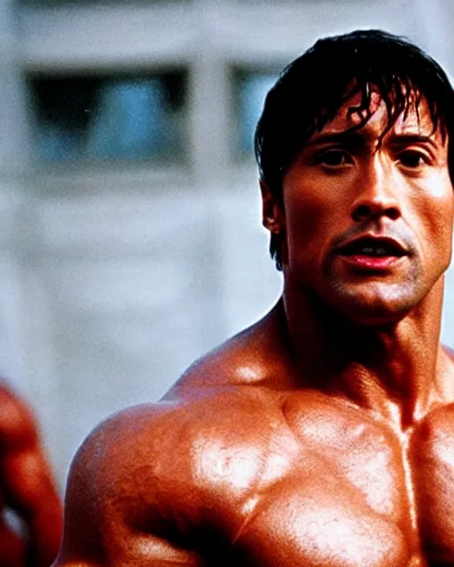 Image similar to Film still close-up shot of Dwayne Johnson as Rocky Balboa from the movie Rocky. Photographic, photography