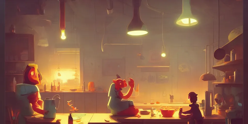 Prompt: cute kitchen dim lit by a candle ripped physique simon stalenhag gerald brom bastien grivet by greg rutkowski and peter chan portrait game background fisheye lens day of the tentacle