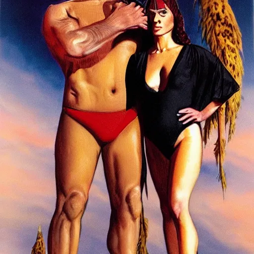 Prompt: science fiction boris vallejo portrait of joe biden wearing monokini in the movie zardoz