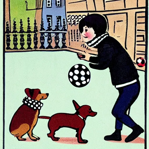 Image similar to book illustration of a french boy on the streets of paris playing football against a corgi, the dog is wearing a polka dot scarf, 1 9 6 6