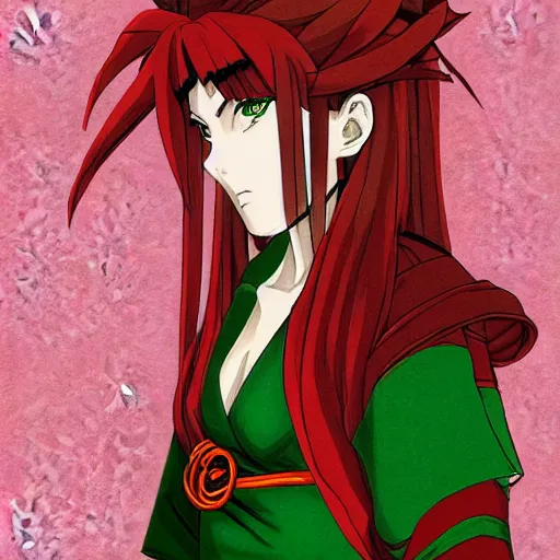 Prompt: a portait of a beautiful redheaded female ninja wearing an intricate green and red kimono, drawn in the style of the anime naruto by masashi kishimoto. artstation, trending, high quality