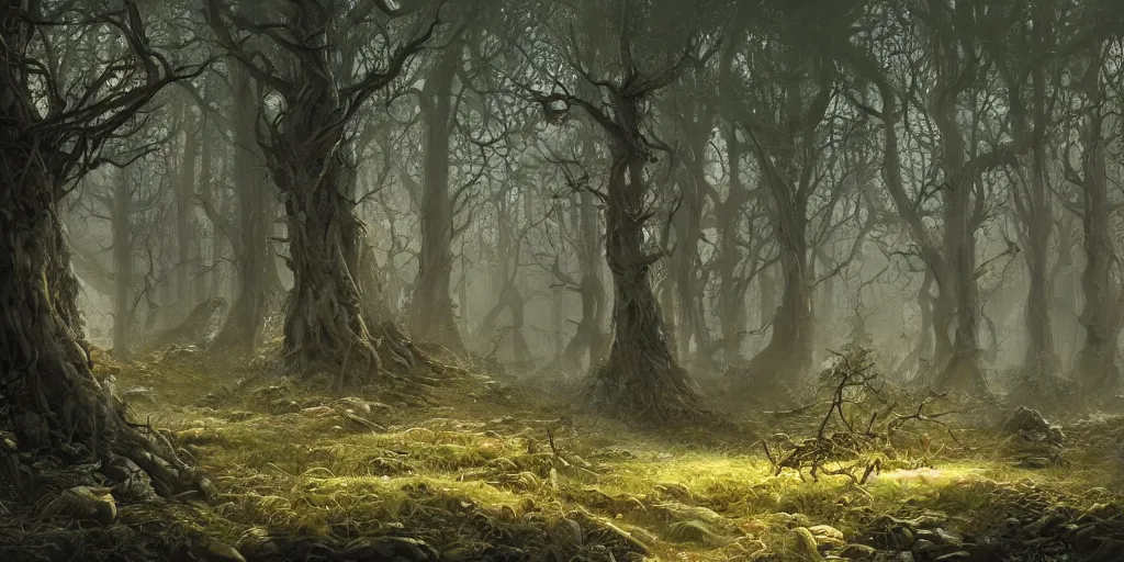 Image similar to artwork of the wretched thicket, by john howe & tim white, exquisite lighting, clear focus, highly detailed, cinematic view, trending on artstation