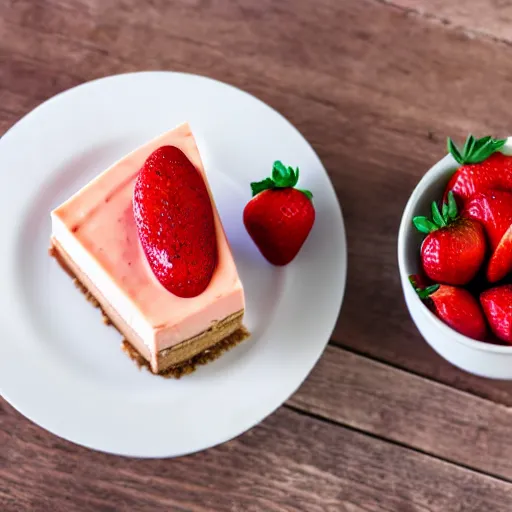 Prompt: realistic photo of a strawberry cheesecake, delicious, studio lighting, cinnamon and tea beside, realistic, food