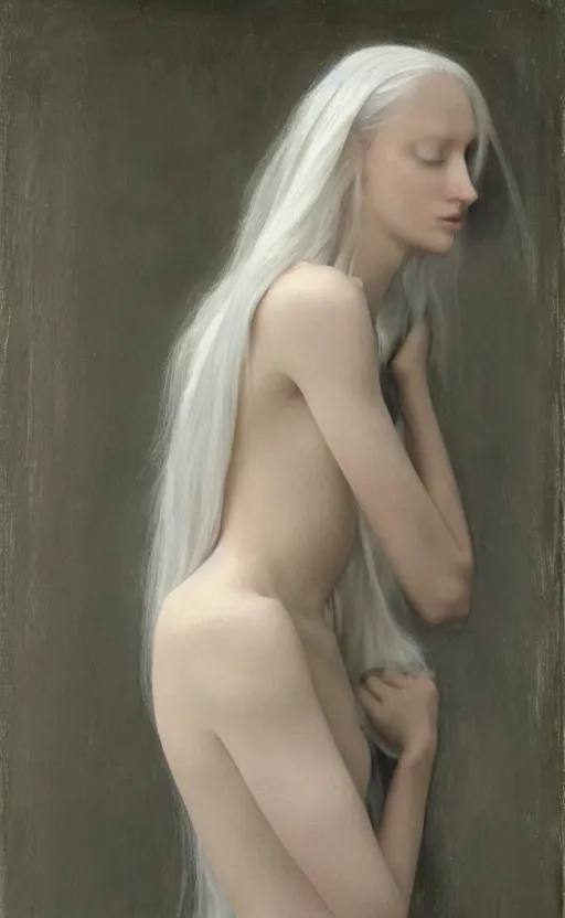 Prompt: say who is this with silver hair so pale and wan! and thin!? female angel, wearing long silver hair flowing hair, pale fair skin, you g face, silver hair, covered!!, clothed!! lucien levy - dhurmer, fernand keller, oil on canvas, 1 8 9 6, 4 k resolution, aesthetic!, mystery