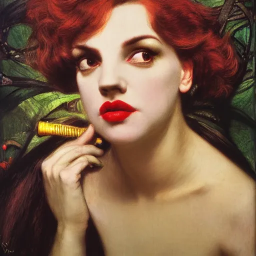 Prompt: portrait of a hybrid of judy garland and lady gaga, brown fringe, full lips, downslanted palpebral fissures, holman hunt, john william waterhouse, kilian eng, rosetti, john everett millais, william holman hunt, 4 k