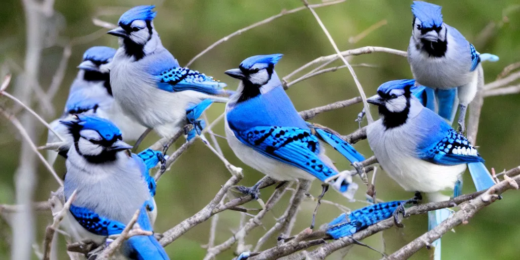 Image similar to a group of blue jay birds having a tea party.