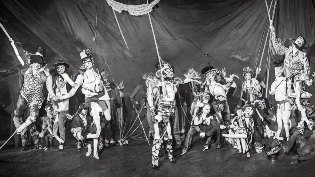 Image similar to of a gang of circus clowns, drinking alcohol, inside a circus tent