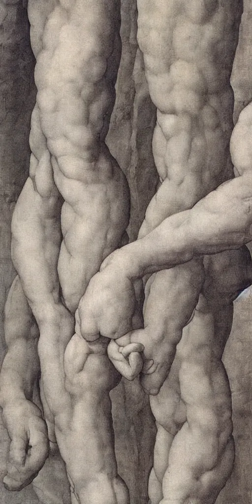 Prompt: two clothed men holding hands by Michelangelo