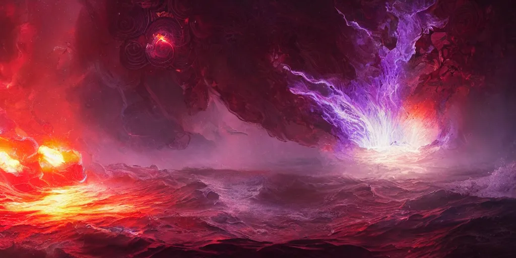 Prompt: arcs of purple flame, water waves, shards of mercury, dramatic lighting, secret cypher, red flowers, solar flares, intricate art by greg rutkowski