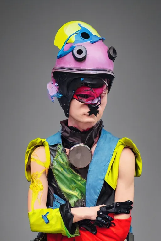 Prompt: a male character wearing a diy! costume, punk, with fluo colored details and a transparent helmet, full body, muted colors, vivienne westwood, nausicaa, hyper real acrylic painting