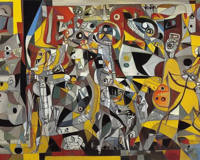 Image similar to a painting of guernica with robots from futurama by graham sutherland, egon schiele, gustav klimt, joan miro, basquiat, expressionism