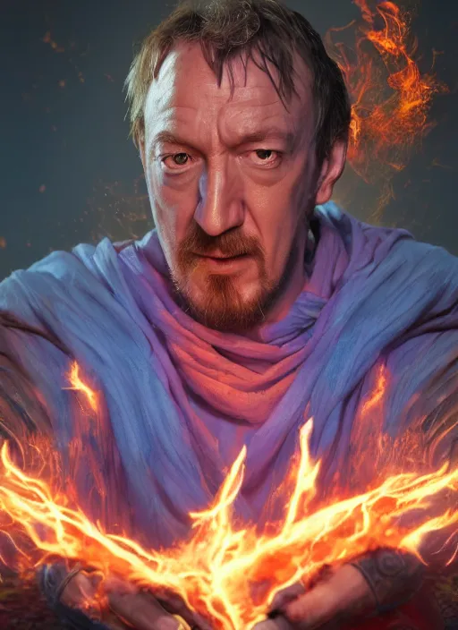 Prompt: A fantasy comic book style portrait painting of David Thewlis as a godlike Sorcerer casting a fire spell, unreal 5, DAZ, hyperrealistic, octane render, RPG portrait, ambient light, dynamic lighting