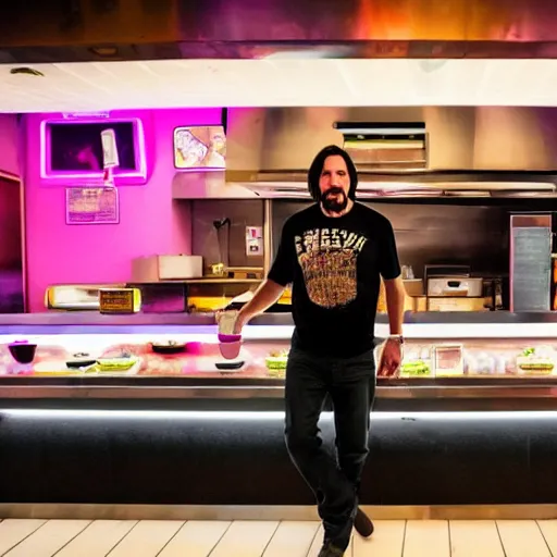 Prompt: keanu reeves enjoying taco bell in a cyberpunk styled kitchen, lit with neon lights