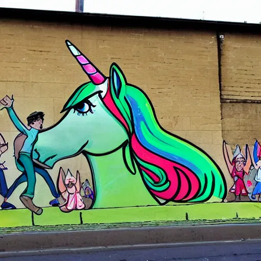 Prompt: by john cassaday moss green. a street art of a pantomime unicorn onstage, surrounded by a group of children who are clapping & cheering. the unicorn is wearing a sparkly costume & has a long, flowing mane. its horn is glittering & its eyes are wide open.