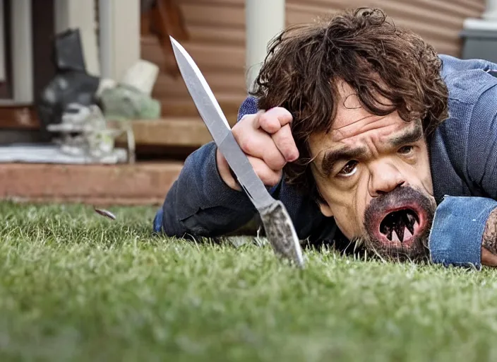 Image similar to peter dinklage crawling from under a porch with a knife in his mouth at night, movie still, from the new sweet home alabama movie, 8 k, realistic